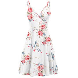 WEACZZY Women's Summer Dress Floral Spaghetti Strap Sleeveless V-Neck Casual Swing Sundress with Pockets,Floral White,0Large