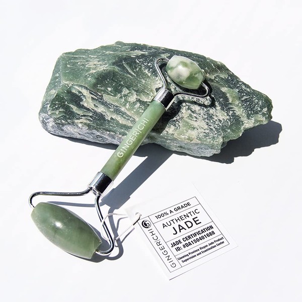 GingerChi Jade Roller for Face Care - Anti Aging Skin Roller for Face, Eyes, Cheeks, Forehead & Neck- Natural Skin Care Facial Tools- Made from Real Jade gua sha Stone- Relieve Fine Lines & Wrinkles