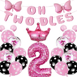 Oh Twodles Pink 2nd Birthday Party Decorations - Pink Mouse Party Decorations, Banner, Pink Bow Foil Balloons, Latex Balloons for Girls Coquette Party Supplies