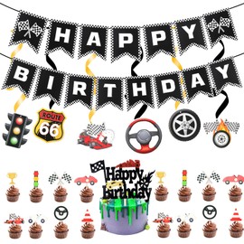 25Pcs Race Car Birthday Party Decorations Set Include Race Car Happy Birthday Banner Race Car Birthday Cupcake Toppers Race Car Garland Hanging Swirls Racing Themed Birthday Party Supplies