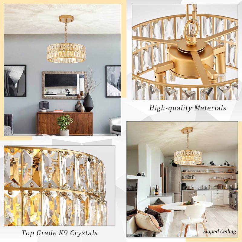CATINER Small Gold Crystal Chandeliers, Modern Semi Flush Mount Chandelier