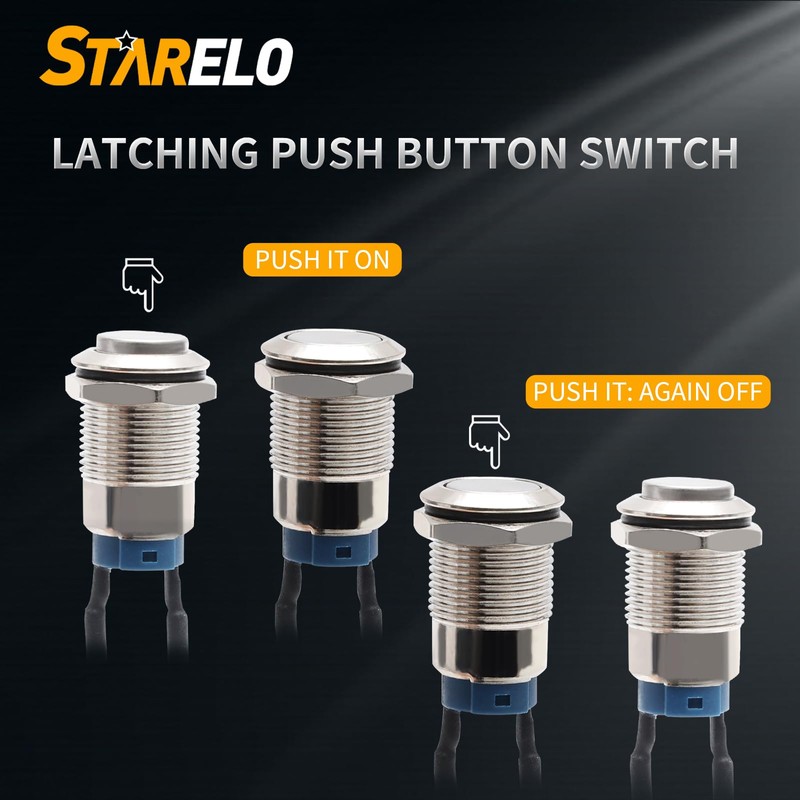 STARELO 5pcs 12mm Latching Push Button Switch Silver Shell with