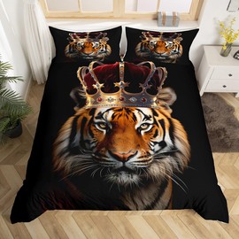 Homewish Wild Tiger Bedding Set Twin Size,3D Wildlife African Tropical Animal Comforter Cover Set for Kids Girls,Golden Crown Print Black Bedding Quilt Cover Set Bedroom Decor, 2 Pcs