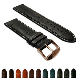 20mm Black & White Genuine Leather Mock Croc Watch Strap Band Mens Crocodile Padded Rose Gold Buckle