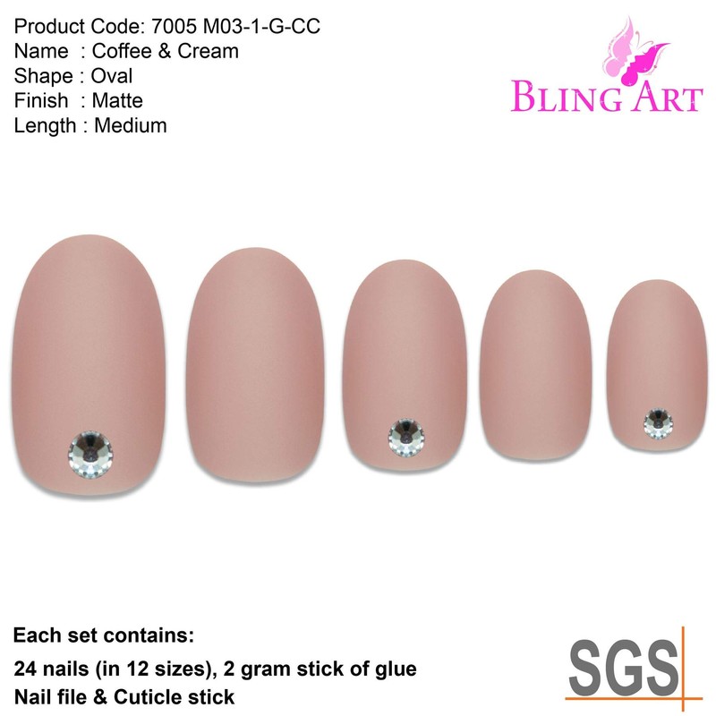 False Nails by Bling Art Beige Matte Oval Medium Fake