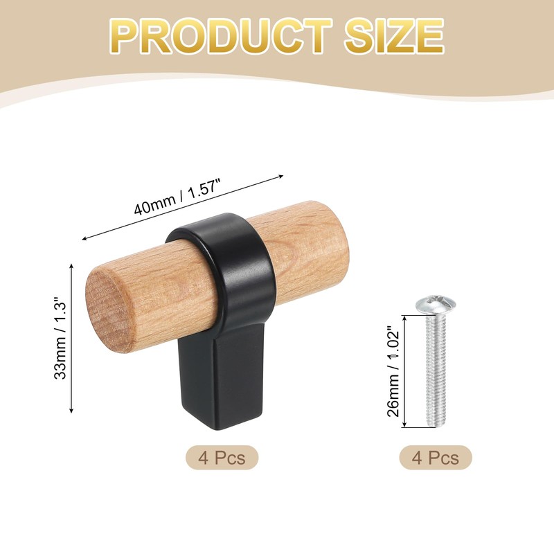 sourcing map 4Pcs T-Bar Wooden Drawer Pulls, 1.57" x 0.71"