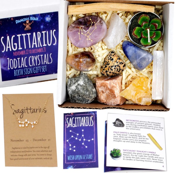 DANCING BEAR Sagittarius Zodiac Healing Crystals Gift Set (14 Pc): 9 Stones, 18K Gold-Plated Constellation Necklace, Meteorite, Succulent Candle, Palo Santo Smudge Stick & Info Guide, Made in The USA
