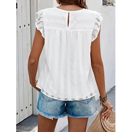 PRETTYGARDEN Women's 2025 Spring Casual Tank Tops Round Neck Ruffle Sleeveless Summer Going Out Top Eyelet Embroidery Blouse Shirt (White, Large)