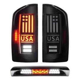 LED Tail Light Assembly + 3rd Third Brake Cargo Lamp Compatible with Dodge RAM 1500 2007-2008, for Dodge RAM 2500 3500 2007-2009 Pickup [Factory Halogen Type], High Mount Stop Lamp, 3 Pcs, Smoked Lens