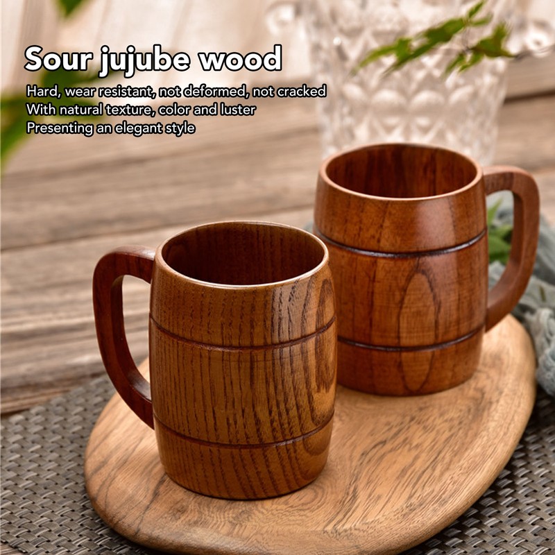 Wooden Beer Mug with Handle 300ml Prevent Scald Carved Drinkware