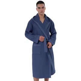 SEYANTE Men's Organic Cotton Waffle Robe with Hood – GOTS Certified Lightweight Full-Length Spa Bathrobe with Piping – Indigo Blue, Size XX-Large