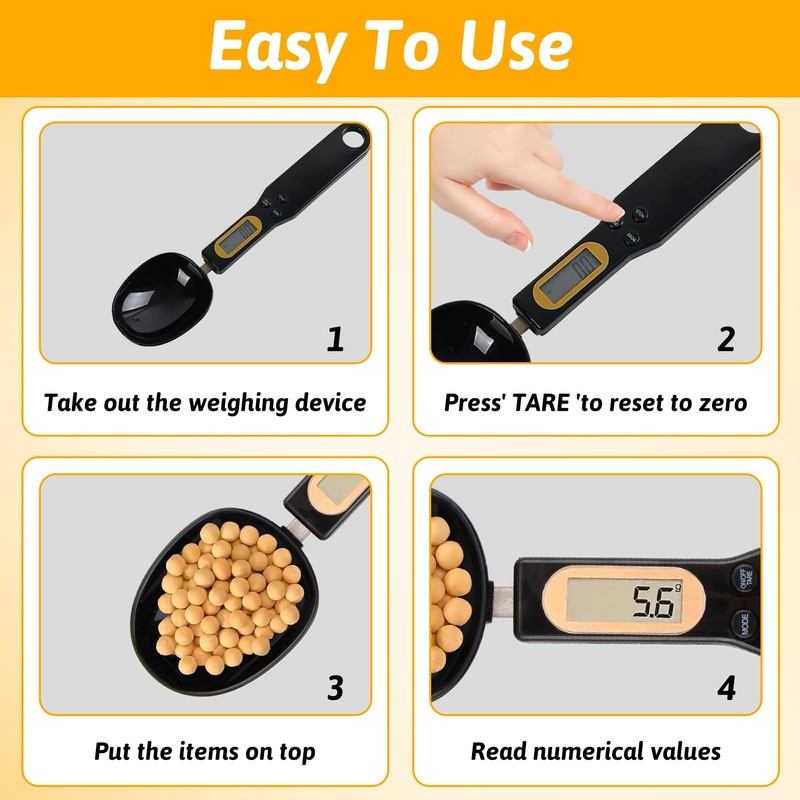 1 Unit Black Digital Spoon Scale, Precise Measurement, Hold and