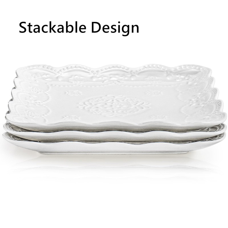 Tebery Set of 4 Square Embossed Ceramic Plate, 10 Inch