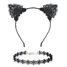 Ferenu 2PCS Black Lace Cat Ear Headband & Collar for Women's Fashion, Hair Accessories, Party Gift, Hairband, Headwear, Cosplay, Fancy Dress