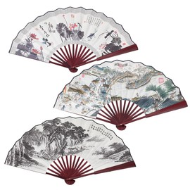PH PandaHall 3 Models Folding Fan with Traditional Chinese Painting Fabric Hand Fan Large Hand Fan Chinese Style Folding Fan with Calligraphy Pattern for Parties, Dance Performances, Cosplay