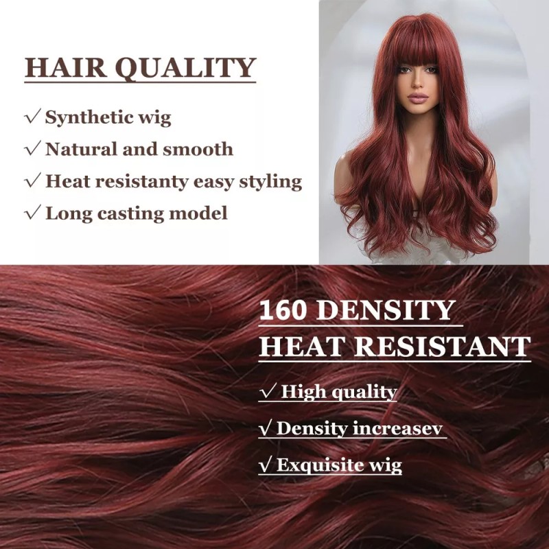 generic Peluca Larga Rojizo Marrón Rizada Ondulada Con Flequillo