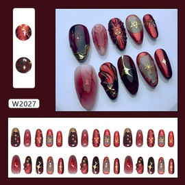 Mkwntg 24Pcs Red Black French Tip Press on Nails Medium Almond Fake Nails with 3D Butterfly Golden Star Design Silver Bow Stick on Nails Y2K Full Cover Gold Line Glue on Nails for Women Manicure
