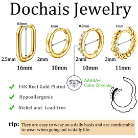 Dochais 4 Pairs of Hoop Earrings Gold Earrings with 5A Cubic Zirconia 14K Gold-Plated Earrings Hypoallergenic Mini Twist Huggie Small Sleeping Golden Earrings Set for Multiple Ear Holes Women Girls