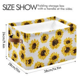 Rectangular Storage Basket Storage Bin - Vintage Sunflower Floral Colorful Collapsible Storage Box with Leather Handles Laundry Baskets Organizer for Kitchen