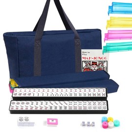 American Mahjong Set, 166 White Tiles with Blue Carrying Bag, Mahjong Tile Set with 4 All-in-One Rack/Pushers, Mahjong Set Complete Western Game, Gift for Mom, Player: Family, Office & Vacation Play