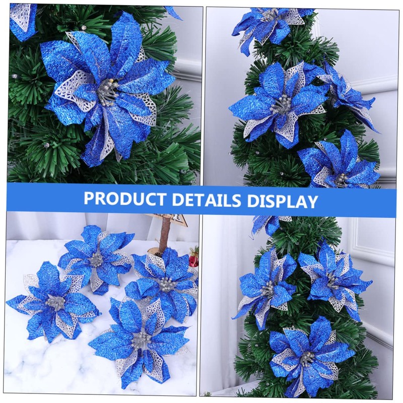 Ciieeo 5Pcs Blue Hexagonal Gold Thread Christmas Decorative Flowers for