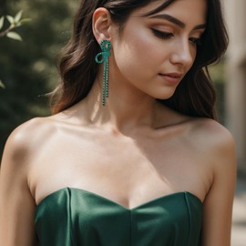 BriLove Sparkly Bling Rhinestones Earrings for Women,Long Linear Bow Tassels Dangle for Prom Wedding Party Daily Wear Emerald Color Green-Tone