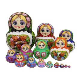 Winterworm Set of 15 Big Bulky Strawberry Colorful Basswood Wooden Traditional Russian Nesting Dolls Matryoshka Kids Stacking Toys Christmas Birthday Festival Gifts