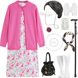 16 Pcs Old Lady Costume for Kids 100th Day of School Grandma Costume Girls Toddler Granny Cosplay Nightgown Pink Knitwear with Dress Accessories Glasses Cane Wig Necklace Bracelet Earrings DY024M