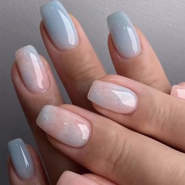 Ceboic 24Pcs Square False Nails Short, French Tips Blue Pink Press on Nails Glossy Fake Nails with Marble Designs, Acrylic Full Cover Removable Stick on Nails for Women and Girls Nails Art