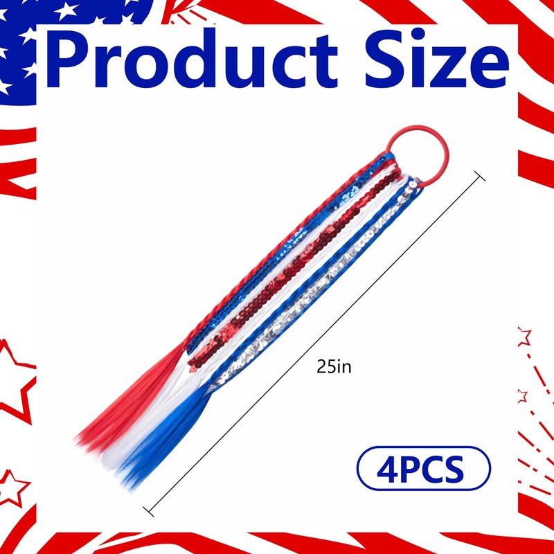 4 Pcs 4th of July Ponytail Hair Extension, Patriotic Elastic