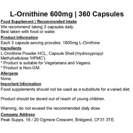 L-Ornithine 600mg Capsules | Pure No Fillers | Vegan (360)