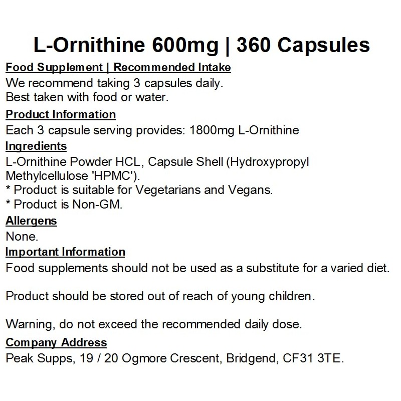 L-Ornithine 600mg Capsules | Pure No Fillers | Vegan (360)