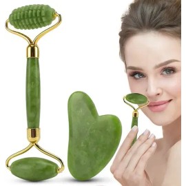 Rodillo De Masaje Facial De Jade Gua Sha Rejuvenece Kit                                                                                               