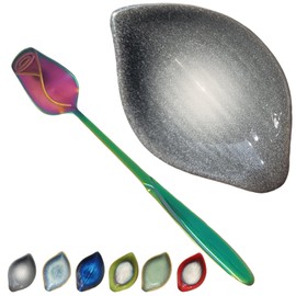 Coffee Spoon and Rest for Coffee Bar Accessories, Leaf Small Spoon Rest for Coffee Station, Tea Spoon Rest Tea Spoon Holder Teaspoon Rest, 1 PC (Retro Volcanic Ash with Rainbow Rose Spoon)