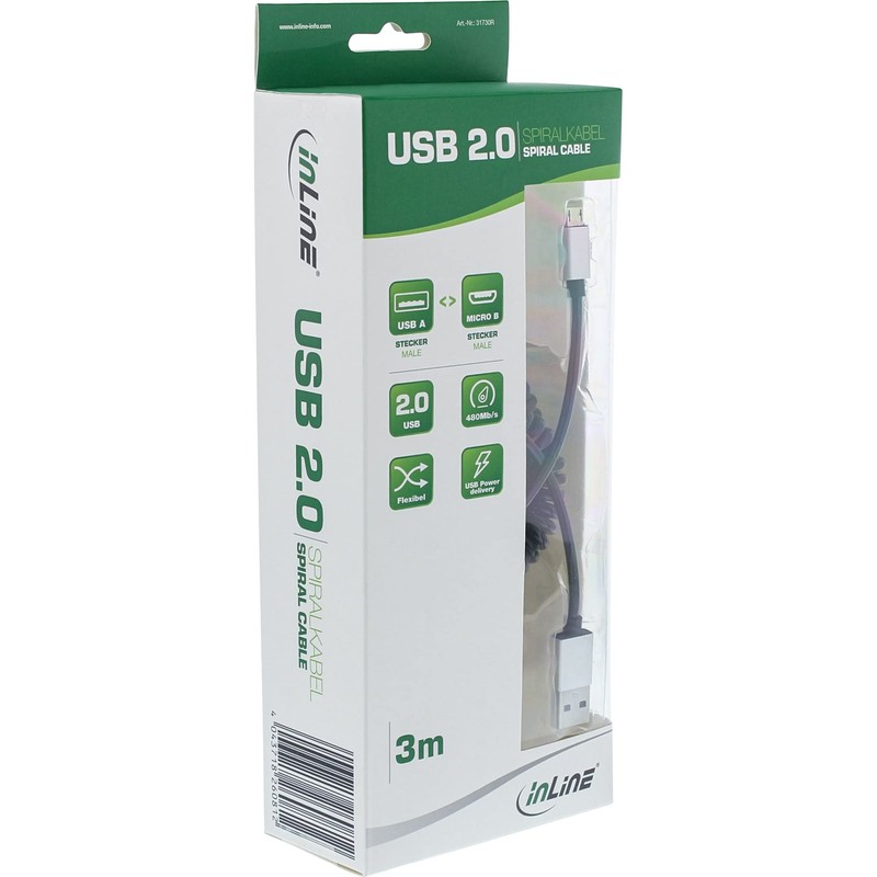 InLine® Micro-USB 2.0 Spiralkabel, USB-A plug to Micro-B plug/Aluminium Flexible