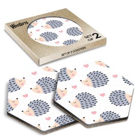 2 x Hexagon Coasters - Hedgehog Pink Love Heart Pattern Cork Backed MDF Glossy Tea Coffee Accessory #170618