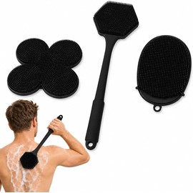 Juego de 3 cepillos de baño: cepillo de mango largo para la espalda, toalla de baño de silicona y cepillo facial con forma de flor; para hacer espuma, limpiar y exfoliar(Black)