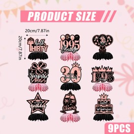 9 Pcs 30th Happy Birthday Centerpieces Rose Black Gold Birthday Honeycomb Table Centerpieces Cheers to 30th Honeycomb Table Topper for Men Women 1995 Birthday Party Decoration Supplies (30th)