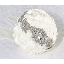 Lillian Rose Brooch Bouquet with Off White Satin Roses, 8.5" x 10" x 8.5", Ivory