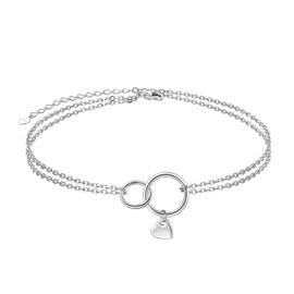 FLYOW Two circles Layered Anklet 925 Sterling Silver for Women Adjustable Heart Ankle Bracelet Boho Beach Foot Chain 9+1.5 Inch Charm Jewelry Birthday Gifts (Two Circles 9+1.5)