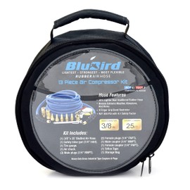 BLUBIRD BB3825KIT 3/8" x 25' Air Compressor Accessory Kit, 100% Rubber, Lightest, Strongest, Most Flexible, 300 PSI, 50F to 190F Degrees, Ozone Resistant, High Strength Polyester Braided, 13pc