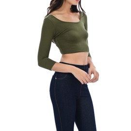Auliné Collection Womens Trendy Solid Color Basic Scooped Neck and Back Crop Top 3/4 Sleeve Olive Green Large