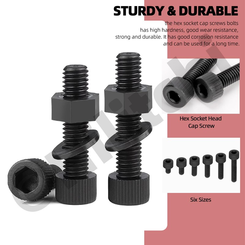 Hilitchi 330Pcs 6Sizes M4 Black Nylon Hex Bolts Nylon Hexagon