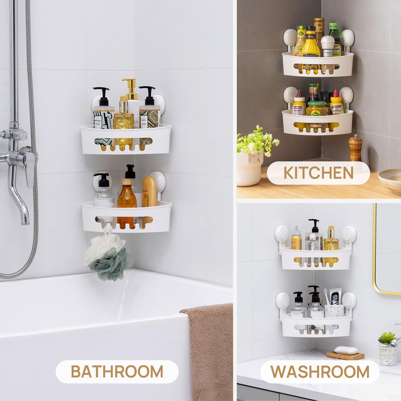 LEVERLOC Suction Cup Shower Shelf, Corner Shower Caddy 2 Pack