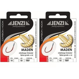 Set: 2 packs of tied maggot hooks by Jenzi, (20 pieces) on mono cord 60 cm, hook size 10, 12, 14 & 16 leader ready + free Petri Heil! sticker (hook size 14)