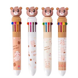 Multicoloured Pens, Multicoloured Ballpoint Pen, Retractable Ballpoint Pen, 4 Pack, 10-in-1 Roller Ball Colour Ballpoint Pen for Office School Supplies, Students, Children, Gift, Cute Cartoon Bear