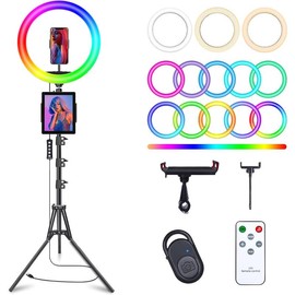 10" Selfie Ring Light with 73" Tripod Stand & 1 Phone Holder, LED Camera Ringlight with 48 RGB Colors Modes & Musical Rhythm Mode and 12 Brightness Dimmable for TikTok/Makeup/Photography/Vlog