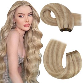 Moresoo Blonde Weft Hair Extensions Double Weft Human Hair Extensions Honey Blonde with Medium Blonde Human Hair Extensions Weft 100g/Pack 14 Inch #P16/22