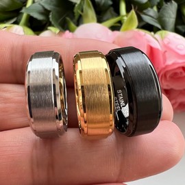 TUTISS 8mm Silver Black & Gold 316L Stainless Steel Rings for Men Women Engagement Wedding Bands Matte Stepped Beveled Edges Comfort Fit 3 Pcs A Set Size 11.5