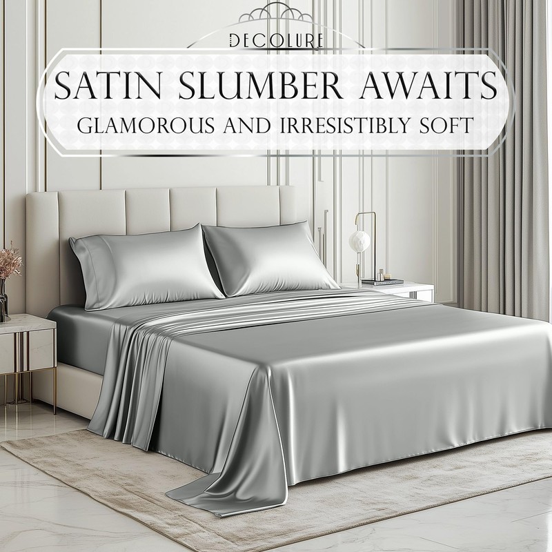 DECOLURE Satin Bed Sheets - 4 Piece Luxury Silky Queen